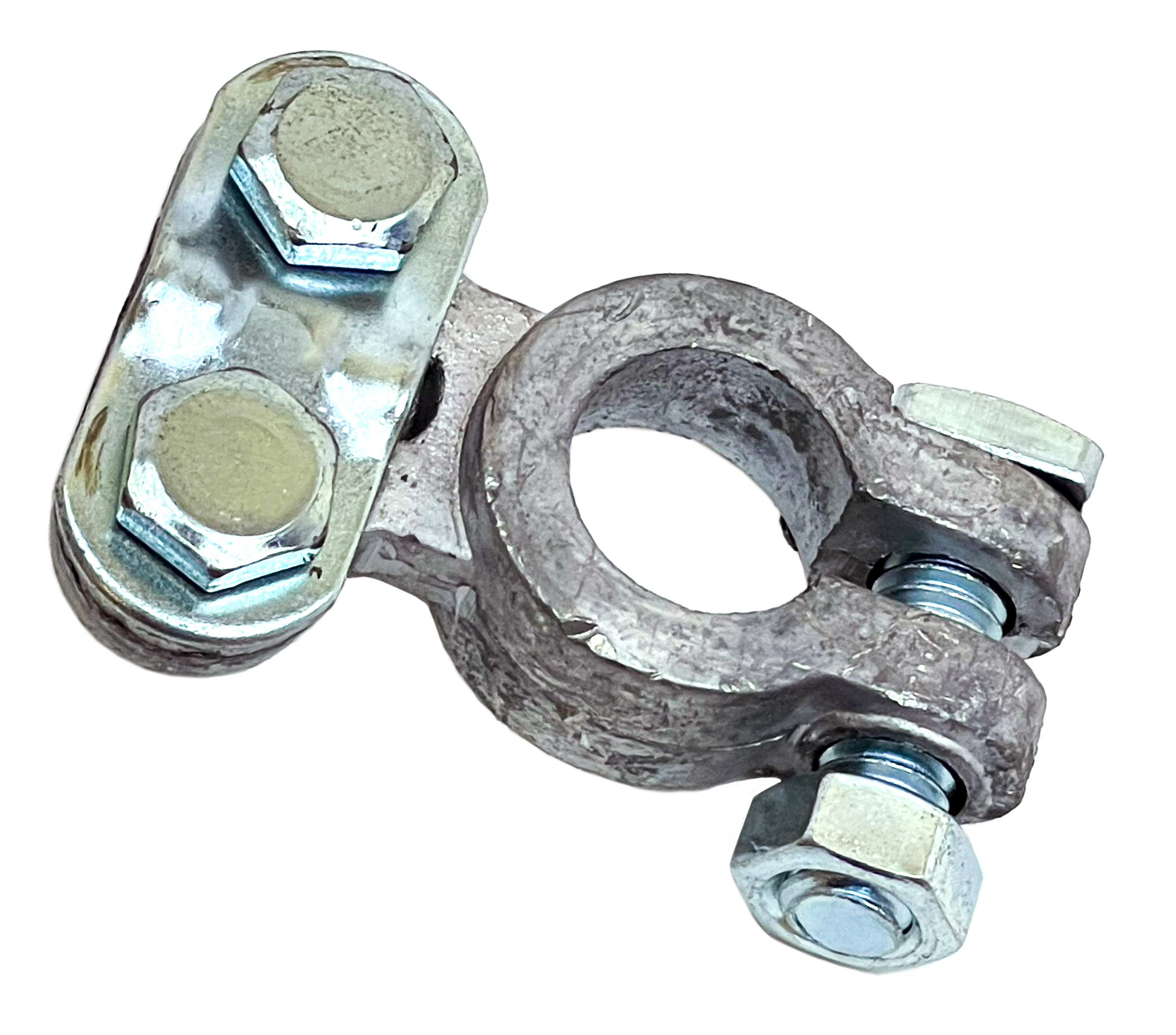 <ul><li>Universal polarity lead construction </li><li>Bolt locks firmly from left to right side</li><li>Steel inserts avoid stripping</li><li>Holds cable or strap</li><li>Removable plate for easy assembly </li><li>Threaded clamp avoids pull-out</li></ul>|